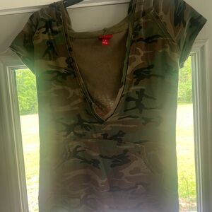 Camo V-Neck Short Sleeve Top/ Bikini Cover with Hood light distress